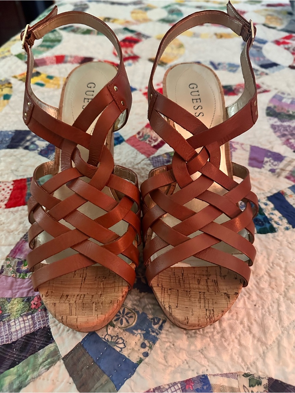 GUESS Tan Woven Leather Cork Wedge Sandals